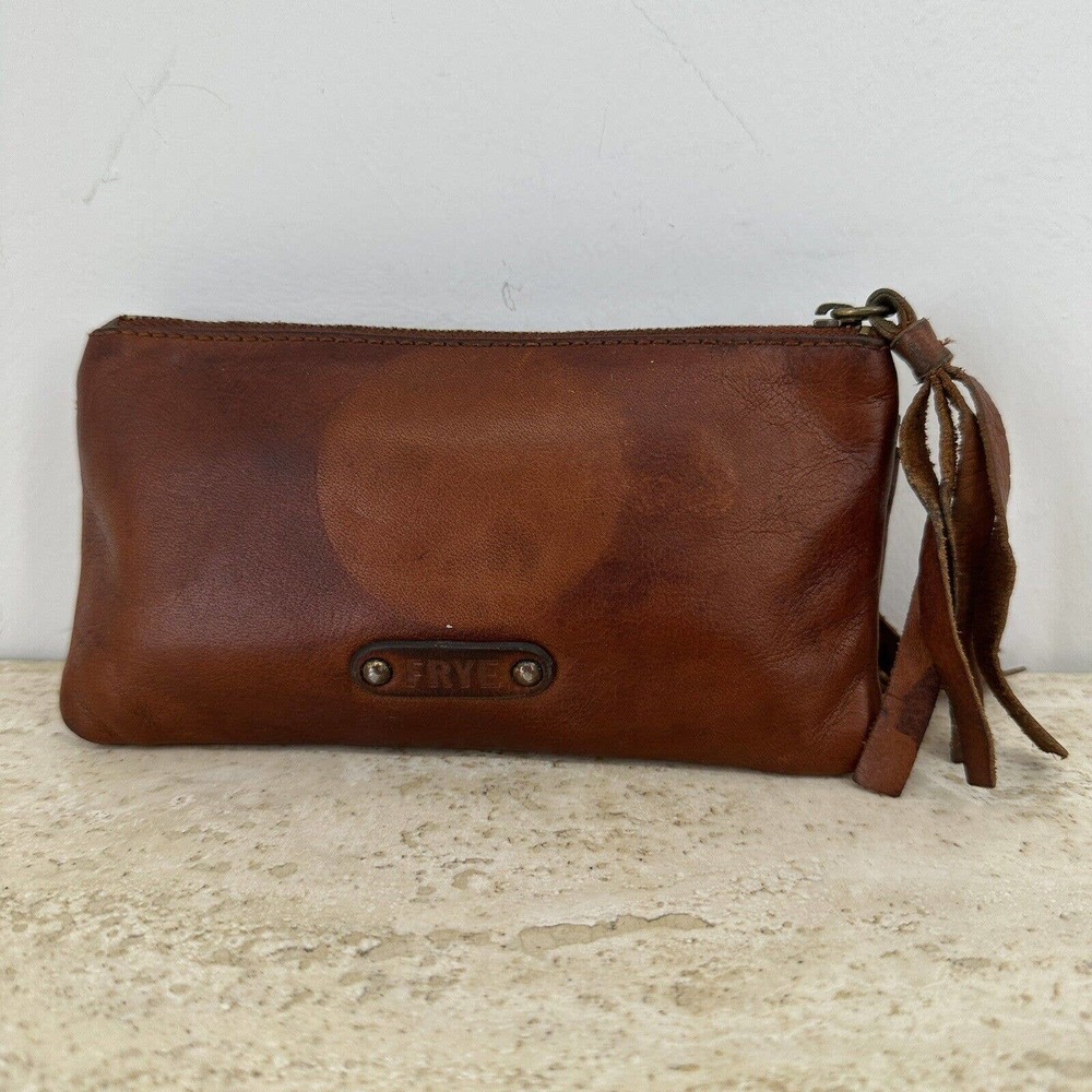 Frye Cognac Brown Leather Zip Wristlet with Tassel